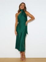 Satin Backless Evening Gown with a Stylish Slit Design