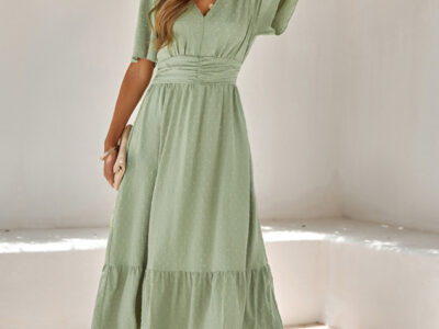 V-Neck Lotus Leaf Sleeve Solid Color Dress