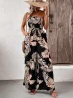 Stylish Tube Top Jumpsuit with Plant Leaf Print