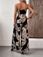 Stylish Tube Top Jumpsuit with Plant Leaf Print