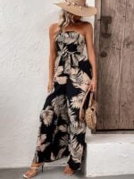 Stylish Tube Top Jumpsuit with Plant Leaf Print