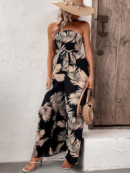 Stylish Tube Top Jumpsuit with Plant Leaf Print