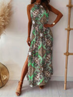 Bohemian Dream-Halter Neck Waist Slit Dress with a Stunning Print