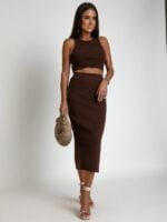 Knitted Slim Tank Top and Slit Short Skirt Two-Piece Set