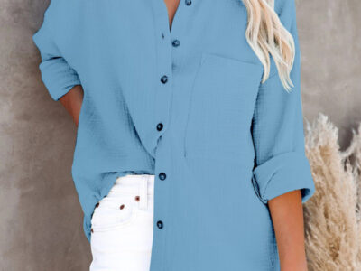 Classic Long-Sleeved V-Neck Button-Down Shirt