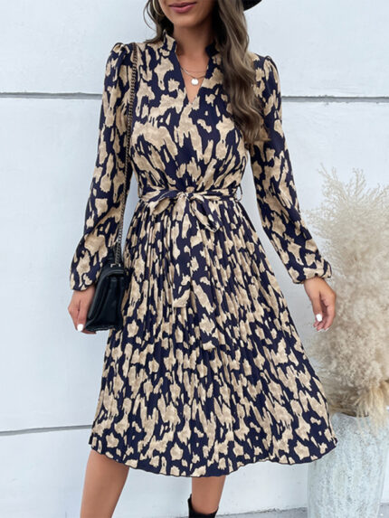 Long Sleeve Dress with Leopard Print Hem and Pleats
