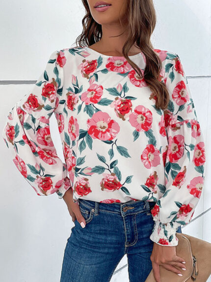 New Round Neck Long Sleeve Floral Shirt Top