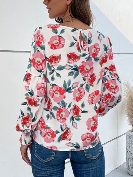 New Round Neck Long Sleeve Floral Shirt Top