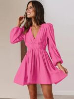 Deep V Neck Dress Long Sleeve Pleated Skirt Splicing Dress