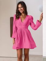 Deep V Neck Dress Long Sleeve Pleated Skirt Splicing Dress