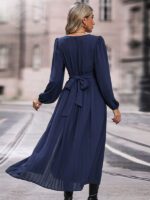 Elegant Solid Color Waist-Band Slit Long Sleeve Dress