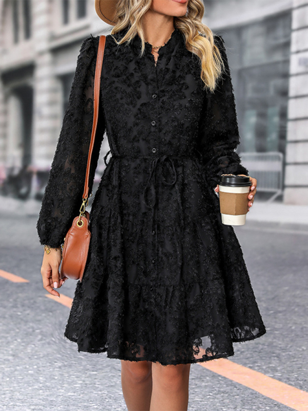 Chic Solid Color Jacquard Long Sleeve Round Neck Dress