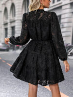 Chic Solid Color Jacquard Long Sleeve Round Neck Dress