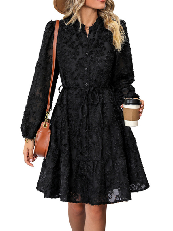 Chic Solid Color Jacquard Long Sleeve Round Neck Dress