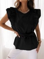 New Solid Color Ruffled Short-Sleeved Shirt with Belt