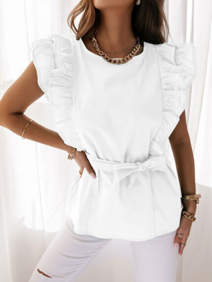 New Solid Color Ruffled Short-Sleeved Shirt with Belt