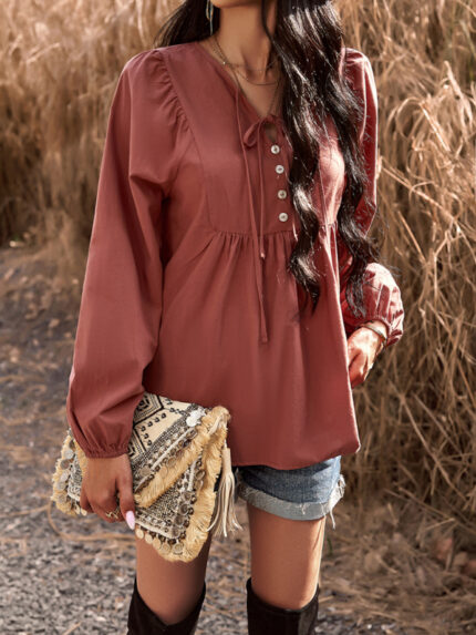 Chic Solid Color V-Neck Long-Sleeved Top for Stylish Commuting