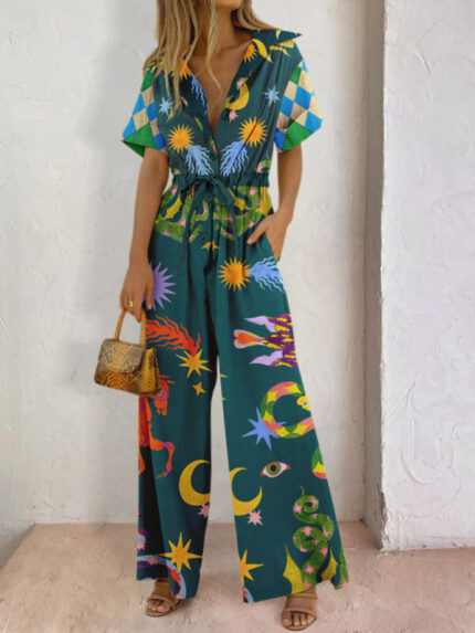 Printed Cotton Trousers Jumpsuit – High Waist Casual Pants