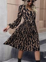 Elegant Printed Mid-Length Dress with Long Sleeves