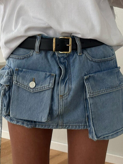 Women’s Irregular Big Pocket High Waist Zipper Denim Skirt