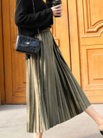 Gold Velvet Pleated Skirt Featuring a Wide Hem