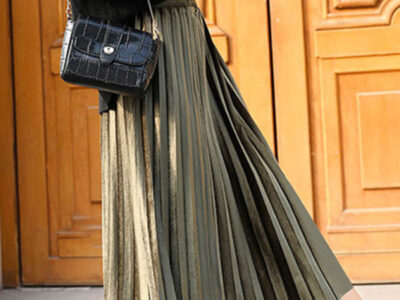 Gold Velvet Pleated Skirt Featuring a Wide Hem