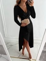 Graceful Long Sleeve V-Neck Dress with Gathered Hem and Slit