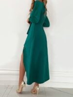 Graceful Long Sleeve V-Neck Dress with Gathered Hem and Slit