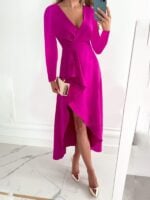 Graceful Long Sleeve V-Neck Dress with Gathered Hem and Slit