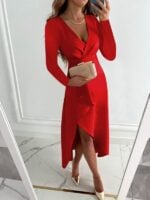 Graceful Long Sleeve V-Neck Dress with Gathered Hem and Slit