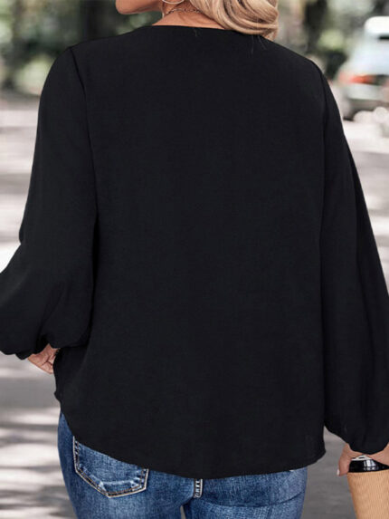 Retro Solid Color V-Neck Long-Sleeved Shirt