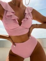 New V-Neck Ruffled High-Waist Split Swimsuit Bikini