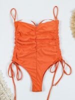 Solid Color Pleated Sexy Drawstring One-Piece Swimsuit with Suspender