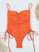 Solid Color Pleated Sexy Drawstring One-Piece Swimsuit with Suspender