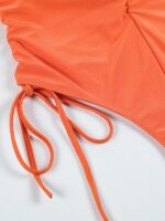 Solid Color Pleated Sexy Drawstring One-Piece Swimsuit with Suspender