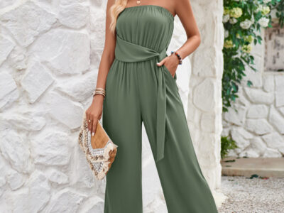 Solid Color Tube Top and Waist Slim Fit Jumpsuit