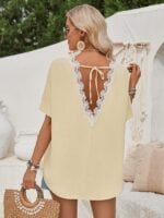 Loose Round Neck Short Sleeve Top with Lace Back