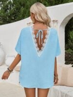 Loose Round Neck Short Sleeve Top with Lace Back