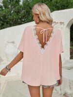 Loose Round Neck Short Sleeve Top with Lace Back