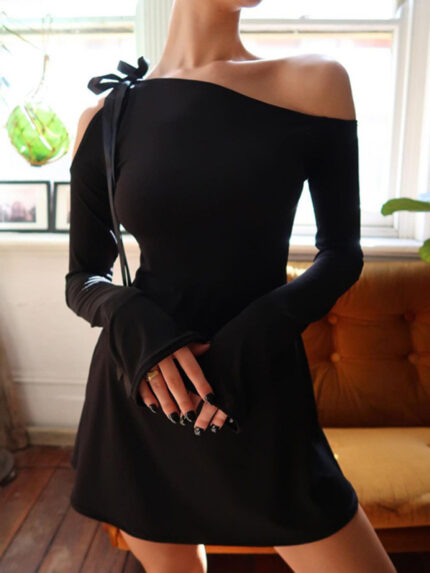 Seductive Long-Sleeved Dress with Asymmetrical Shoulder and Lace-Up Detail