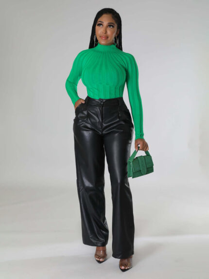 Faux Leather Wide-Leg Casual Pants with Pockets