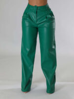 Faux Leather Wide-Leg Casual Pants with Pockets