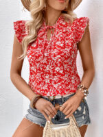 Ruffled Short Sleeve Red Printed Shirt