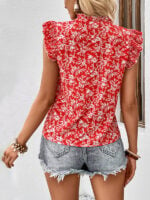 Ruffled Short Sleeve Red Printed Shirt