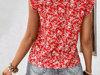 Ruffled Short Sleeve Red Printed Shirt