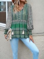 Bohemian Button-Up Top with Unique Print