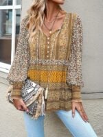 Bohemian Button-Up Top with Unique Print