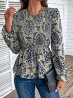 Elegant Slim Long Sleeve Print Top