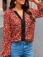 Color Block Printed Women’s V-Neck Long Sleeve Shirt