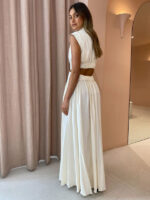 Sleek Solid Color Pleated Maxi Dress with Exposed Waist Detail